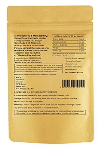 Image of CARMEL ORGANICS Turmeric Root Powder(1200 g (Pack of 1))| Haldi Powder | Jaivik Bharat Certified | Non-GMO | Chemical Free & Pesticides Free | No added preservative | Manjal Podi /Pasupu Podi