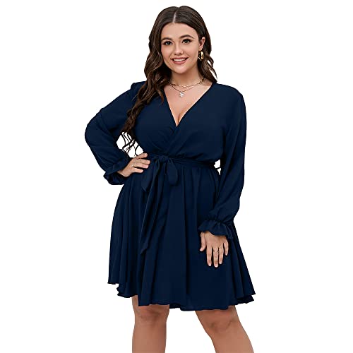 SCOMCHIC Women's Plus Size Long Sleeve Wrap V Neck Tie Waist A Line Mini Dress - Image 3