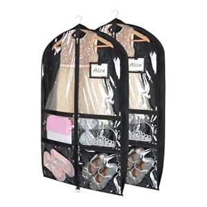 Syeeiex 3″ Gusseted Clear Dance Costume Garment Bag, 40” Dance Garment Bags for Dancers with 4 Zippered Pocket & Can Hold 1-3 Dance Costumes – Suitable for Dance Competitions, Ballet(Black, 2 Pack)