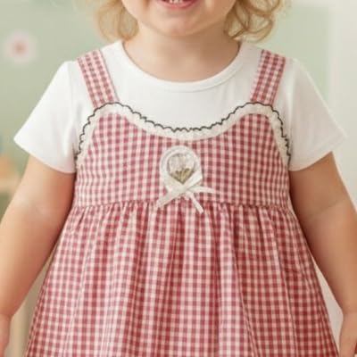 Image of A.T.U.N. (ALL THINGS UBER NICE) Baby Girls Checked Pinafore Style Dress with Inner Tee Short Sleeves | Soft Cotton Fabric | Decorative Front Bow Detail | Stylish Casual for Babies