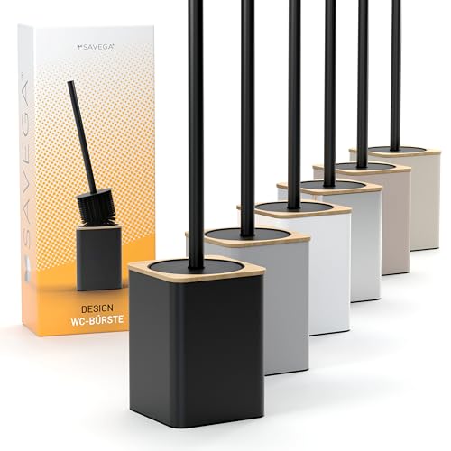 SAVEGA - Brosse WC en Silicone Noire avec Bambou - Balayette Toilettes Design avec Support en Acier INOX et Couvercle Anti-Gouttes