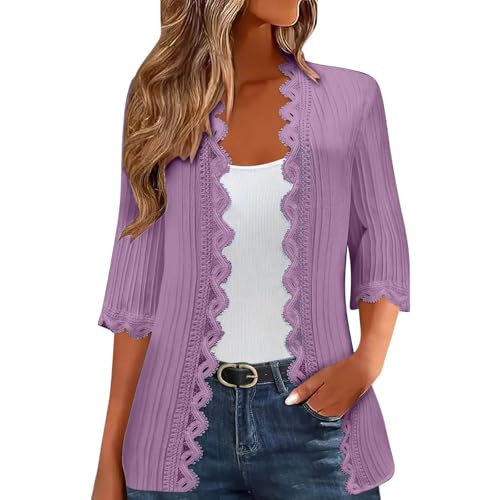 Womens Summer Textured Cardigan Lightweight 3/4 Sleeve Shirt Tops Open Front Cardigans Casual Loose Beach Cover Ups