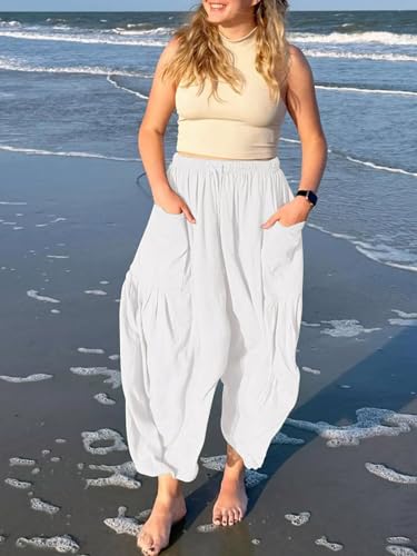 The Happy Wind Linen Pants, Women's Linen Wide Leg Casual Loose Drawstring Beach Palazzo Harem Pants with Pockets2