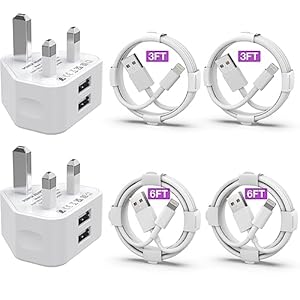 iPhone Charger [MFi Certified] 2Pack Dual USB Wall Plug Adapter UK 2.4A Mains Charger with 4Pack Lightning Cable 3/3/6/6 FT Fast Charging Cable for iPhone 14/13/12/11 Pro Max/S/XS/X/XR/8/7/6/Plus/5