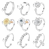 ORAZIO 9Pcs Fidget Anxiety Ring for Women Men Spinner Ring for Anxiety Stress Relief Adjustable Open CZ Flower Butterfly Bee Sun Moon Star Bead Rotatable Spinning Figet Calm Rings Silver Set S1