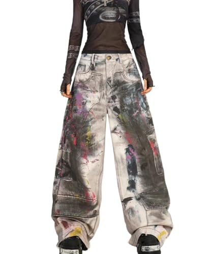Y2k Unisex Vintage 3D Colorful Oil Print Graffiti Harajuku Grunge Wide Leg Jeans Hiphop Punk Loose Casual Denim Pants