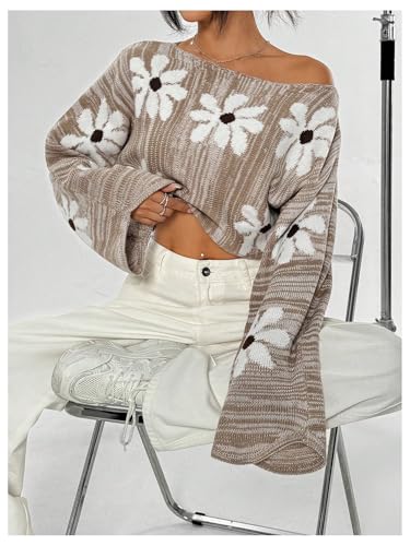 Image of Verdusa Women's Floral Print Flare Long Sleeve Pullovers Boat Neck Crop Top Sweater Khaki Large