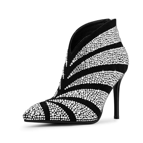 Women's Rhinestone Pointed Toe Stiletto High Heel Ankle Boots Suede Dress Booties