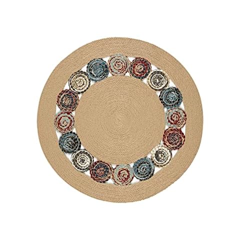 English Home Round Jute Rug, Decorative Boho Area Rug Carpet, Natural Beige with Multicolour Circle, Braided Jute Area Rugs for Living Room, Kitchen, Bedroom, 120 cm, Nikky Cover