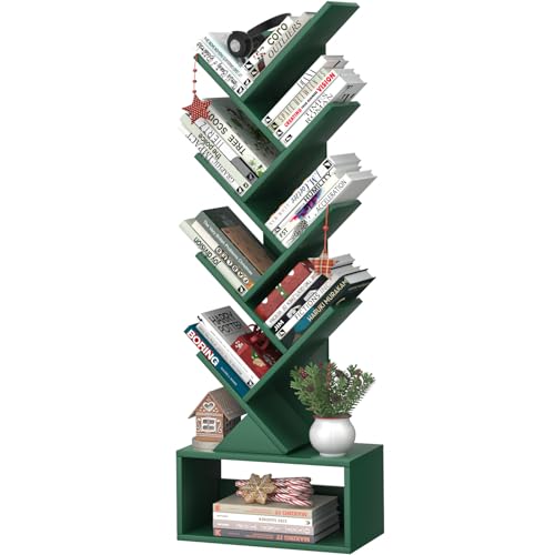 SHEEPAM 9 Tier Tree Bookshelf,Christmas Green Bookcase for Narrow Space, Storage Organizer Floor Standing Bookshelves for Books, Tall Book Case for Home Office, Living Room, Bedroom