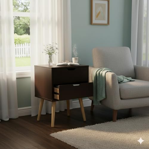 Image of Modern Wooden Bedside Table with 2 Drawers | Compact Night Stand Side Table for Bedroom Living Room | Space Saving Storage Furniture with Sturdy Legs (Brown, 2 Drawer)