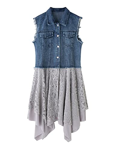 FindThy Women’s Denim Vest Sleeveless Ripped Draped Patchwork Cardigan Jean Vest with Irregular Lace Extender Hem2