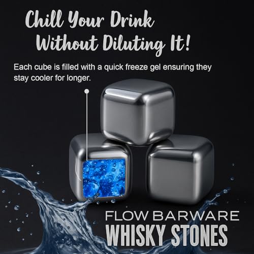 FLOW Barware Metal Whiskey Stones | 10x Metal Ice Cubes for Whiskey, Wine & Gin & Tonic | Steel Ice Cubes Filled with A Quick Freeze Gel for Undiluted Drinks | Silver