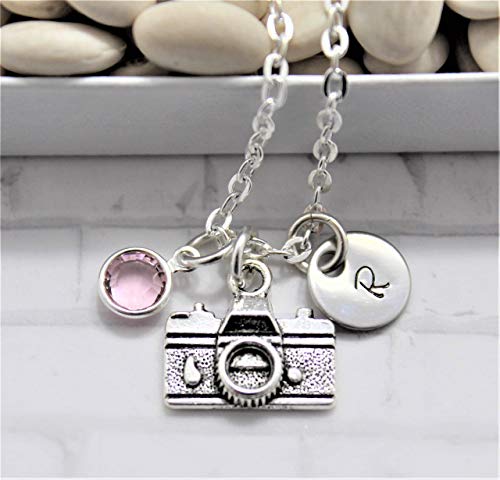 Camera Necklace - Silver Camera Jewelry - Photographer Gift - Personalized Birthstone