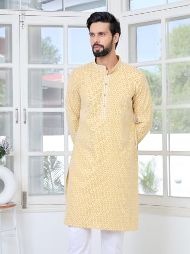 Image of See Designs Men's Full Sleeve Mandarin Collar Embroidered Thread Work Sequinned Rayon Straight Long Kurta - Festive Collection