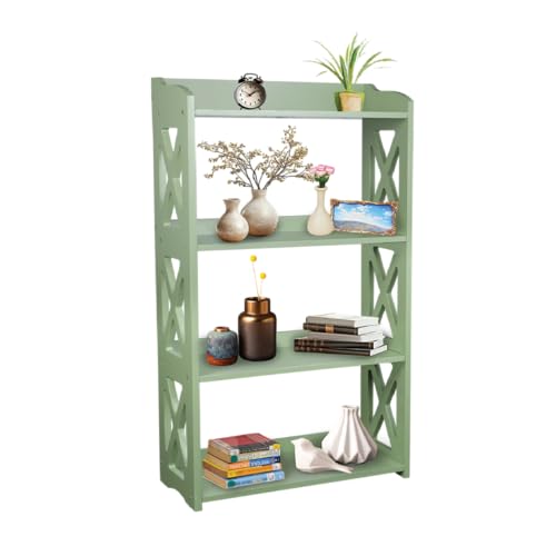 Image of Green Bookcase by Natural Wood, 4 Tier Bookshelf, Small Book Shelves Freestanding Display Storage Shelves. Open Bookshelf for Bedroom, Living Room and Office (Green, 4 Tier)