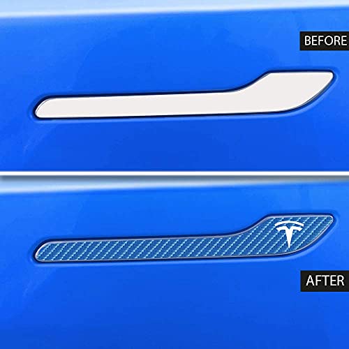 Image of IPG Compatible for Model 3 / Model Y /Juniper Door Handle Decal Sticker Wrap Kit (Set of 4) with Tesla Logo Personalize Your Tesla (Deep Blue Carbon Fiber)