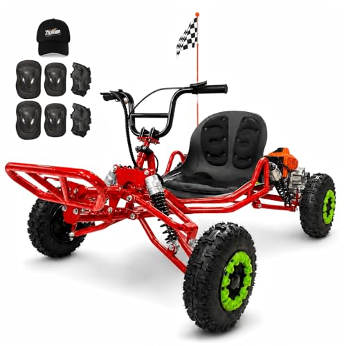 Zyliathor Adult & Kids Gas Off-Road Go Kart,Adjustable Throttle Limiter, Pull Start + Kill Switch, Hydraulic Disc Brake, 4-Wheel Independent Suspension, 6' All-Terrain Tires (Red, 63.3cc)