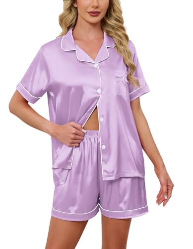 Image of Schbbbta Women Pajamas Set, 2 Pieces Satin Silk Button Down Pjs Short Sleeve Outfits Loungewear
