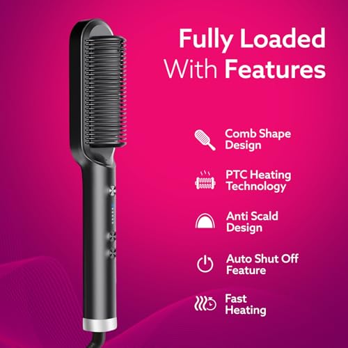 AGARO Hair Straightening Brush, Hair Straightening Comb For Women, Fast Heating, Ionic Care, 5 Heat Settings, Hair Straightener, Hot Brush, Gives Naturally Straight Hair in 5... - Image 6