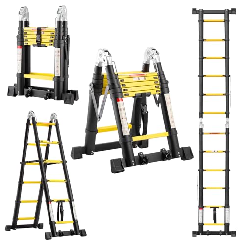 TEENO Échelle Télescopique en Aluminium 3.8 M (1.9+1.9), Escabeau Polyvalent Antidérapant avec 2 Roues Amovibles et Stabilisateurs Triangulaires et Barre...