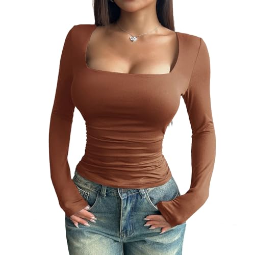 YNIQUE Camiseta de Manga Larga para Mujer Crop Tops Sexy Slim Fit T-Shirt Cuello Cuadrado Y2K Básico Top Elasticidad Camisa de Fondo Color Sólido Pullover Moda Casual