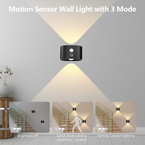 Image of Motion Sensor Wall Sconces of 2PCS, Cordless Auto Motion Activated LED Wall Lights 360Rotate& Rechargeable Battery Operated, 3 Brightness, Indoor Motion Detection Wall Lamps for Hallway Stairway