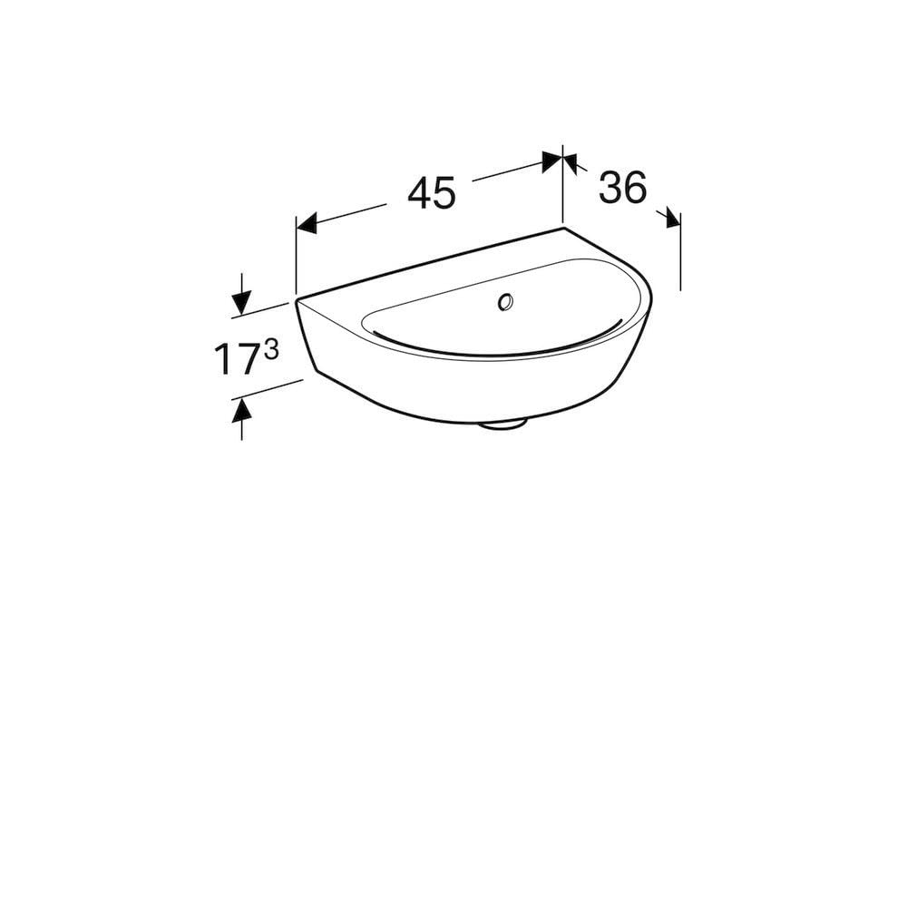 Geberit Renova lavabo con enjuague manual, sin agujero para grifo, rebosadero asimétrico, anchura: 45cm, Color: Blanco