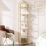 Hzuaneri Bookcase Bookshelf, Tempered Glass Bookshelves, Slim Shelving Unit for Bedroom, Bathroom, Home Office, Steel Frame, 6 Tier Gold BC10601G