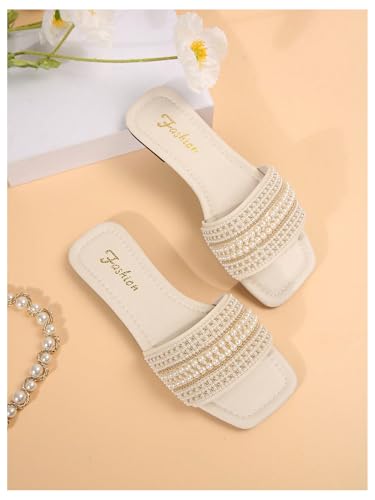 GORGLITTER Women's Pearl Summer Beach Sandals Square Open Toe Slip On Flat Slides3