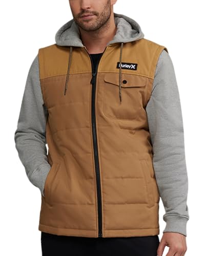 Hurley Men's Voyager Jacket - Lightweight Hooded Quilted Canvas Sweater Vest Jacket - Insulated Utility Jacket for Men (S-XL)