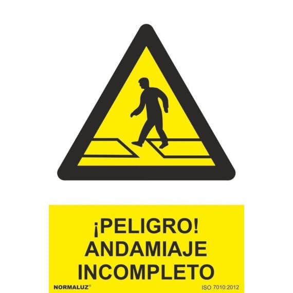 Señal industrial ¡Peligro! Andamiaje Incompleto, con tintas UV SEKURECO