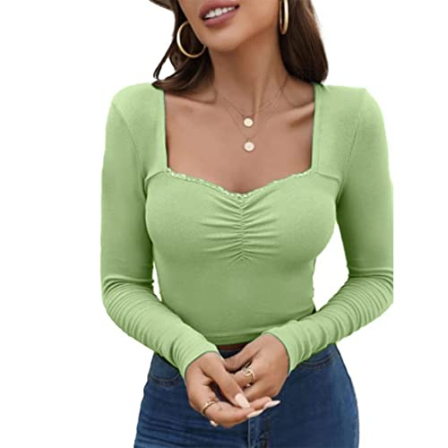 Image of GLARE & BLAIR Sweetheart Neck Lace Trim Long Sleeve Regular Fit Ribbed Tops for Women