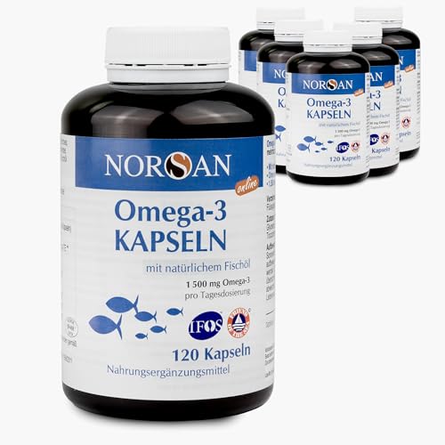 NORSAN Premium Total Omega 3 Kapseln hochdosiert 6er Pack (6x 120 Stück) - 1.500mg Omega 3 pro Portion-Omega Kapseln mit 707mg EPA & 368mg DHA-Fischöl aus nachhaltigem Wildfang