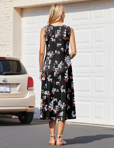 Image of HOTOUCH Summer Casual Dresses for Women Sleeveless Midi Dress Swing Tank Sundress Pleated Tshirt Dress with Pockets