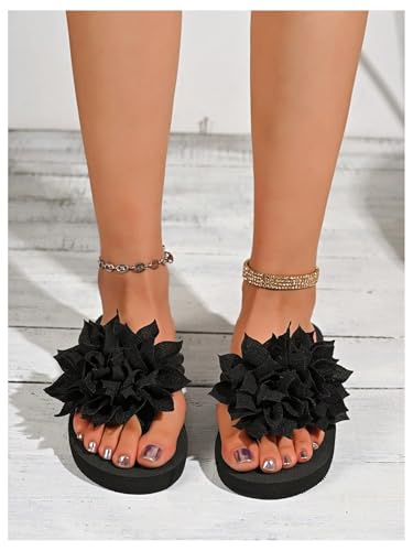 OYOANGLE Women's Flower Appliques Flip Flops Boho Open Toe Slip On Flat Sandals Beach Vacation Slippers2