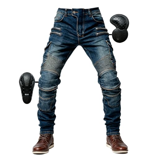 SHUOJIA Pantalon de Moto en Denim pour Homme, Jean Droit Antichute avec 4 Types D'équipement de Protection, Pantalon de Protection de Moto (Blue,L)