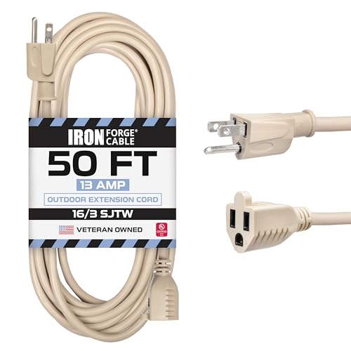 Iron Forge Cable Weatherproof 50 Ft Outdoor Extension Cord - 16/3 SJTW Heavy Duty Light Brown Extension Cord 3 Prong - 13 Amp Exterior Power Cable