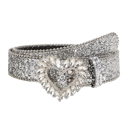 Yiju Womens Rhinestone Belt PU Leather Belt Cowgirl Bling Diamond Belt Heart Buckle Waist Belt for Pants Jeans Costume Accessories