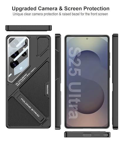 Image of Midkart Leather Case Compatible with Samsung Galaxy S25 Ultra Hidden Kickstand Cover Hard PC with Camera Protection, Black