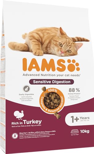IAMS Sensible Verdauung Katzenfutter trocken mit Pute - Trockenfutter für Katzen mit empfindlichen Mägen ab 1 Jahr, 10 kg