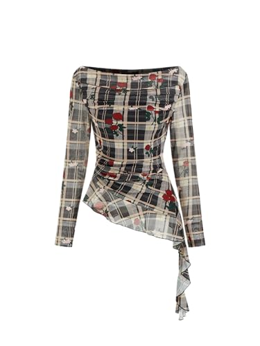 CIDER Womens Tops Mesh Top Plaid Top Long Sleeve Boat Neck Ruffle Hem Casual Floral Rose Plaid Regular Fit Blouse