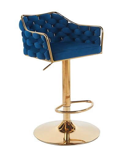 Image of Creative Swivel Bar Stool with Golden Plated Base Contemporary Blue Fabric Bar Stool with Gold Frame Suitable for Kitchen, Dining Area (Pack of 2)