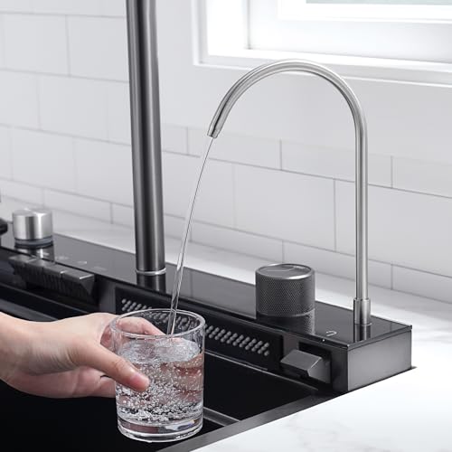 Lefton 29.5\"x 18.25\" 304 Stainless Steel Kitchen Workstation Sink with Pull-down Faucet, Waterfall & Rainfall Outlet, Temperature Display in Tempered Glass, Grey, KS2206 - Thumbnail 7