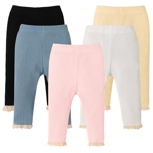 DREAM BUS 5 Pack Baby Girl Pants Toddler Girl Solid Ribbed Pants with Lace Trim Newborn Cotton Leggings Infant Jogger Pants