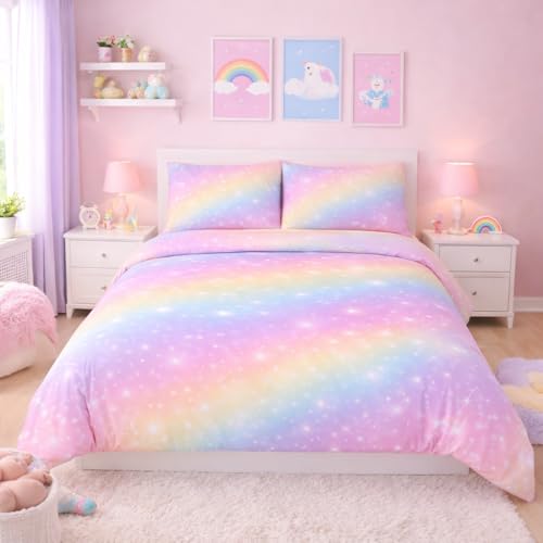 Ranedo Regenbogen Galaxis Bettwäsche 135x200 cm Kinder Einzelbett Bettwäsche Set für Teenager Mädchen mit 2 Kissenbezügen 80x80 cm Mikrofaser Reißverschluss Rosa