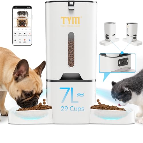 TYM Automatic Cat Feeder with 2 Camera for 2 Cats 7L Dog Food Dispenser with Night Vision 2K 4MP 5G WiFi Dual Auto Cat Feeder with Smart App for Multiple Cats & Small Dogs Detachable for Clean
