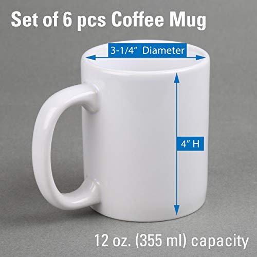 Creative Home - 85355 Creative Home Set Of 6 Piece, 12 Oz Ceramic Coffee Mug Tea Cup, 3-1/4" D X 4" H, White #TOP6