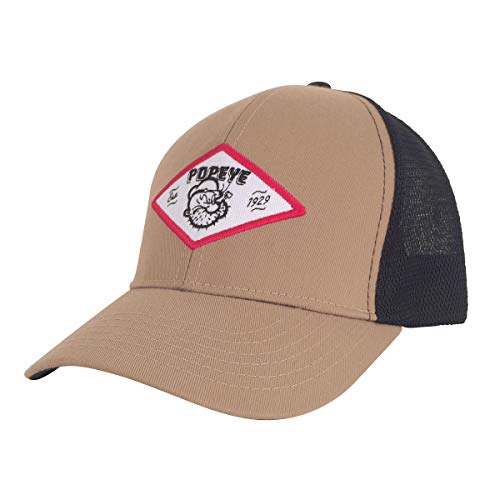 Tee Luv Popeye Cartoon Hat - Retro Popeye The Sailor Trucker Style Cap (Tan and Black)