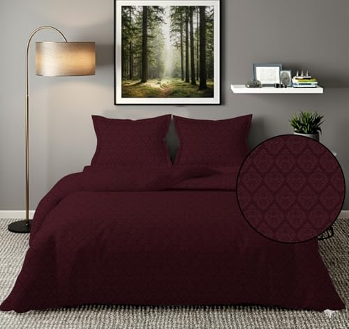 Image of 300 TC Premium Glace Cotton Solid Emboss Bedsheet for Double Bed with 2 Pillow Covers for Home (90 inch x 100 inch or 229 cm x 254 cm) (Damas-Wine, Double- 90 x 100 Inches)